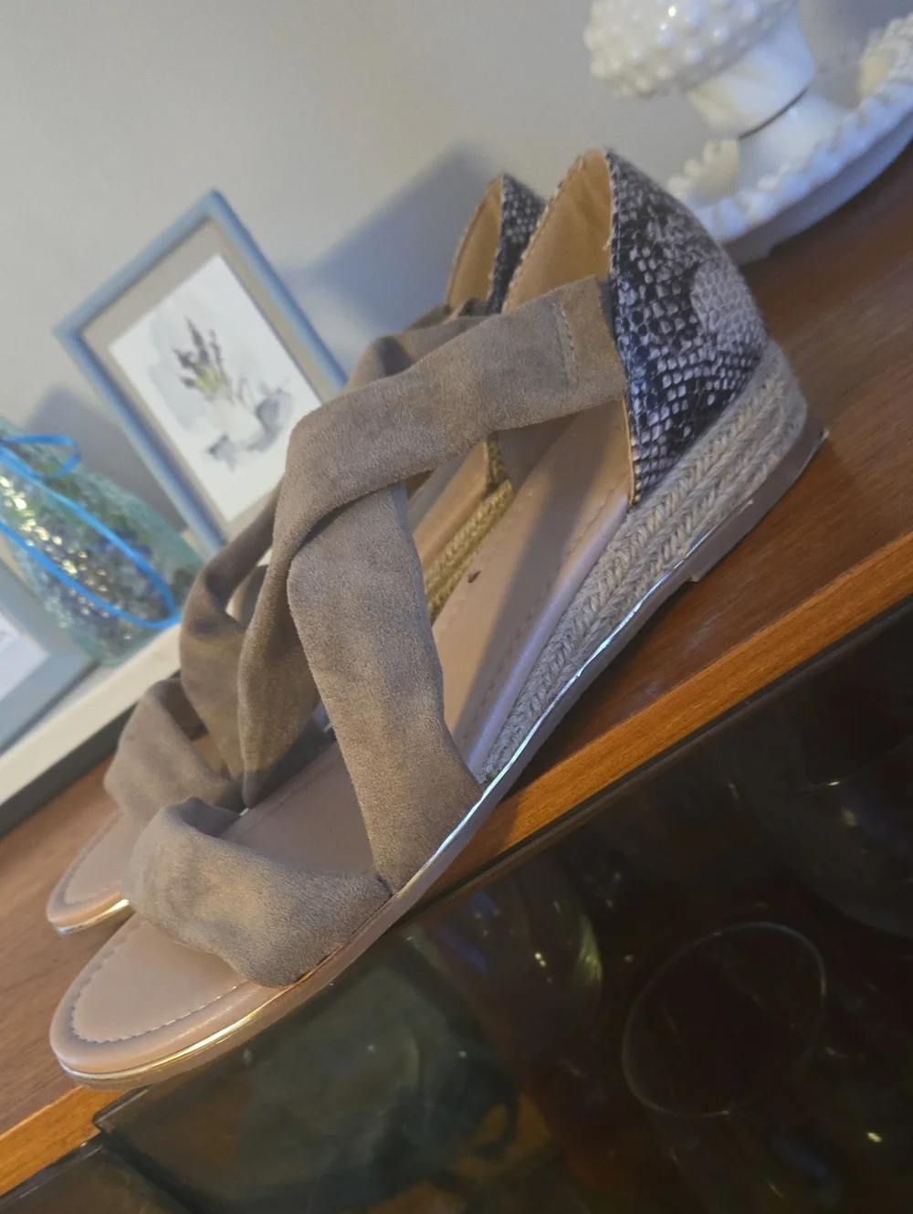 Taupe Crisscross Espadrille Wedge Sandals - Women's Size 10